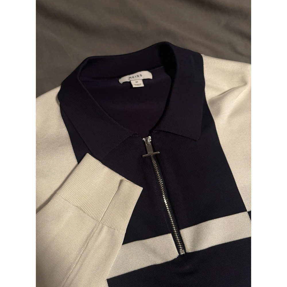 REISS Men's M Navy/White Colorblock Knit Collared Quarter Zip Sweater
